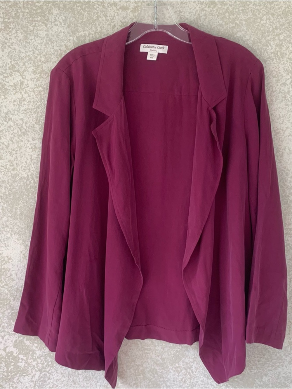 Coldwater Creek Women's 14P Magenta Plum Open Front 100% Silk‎  Blazer